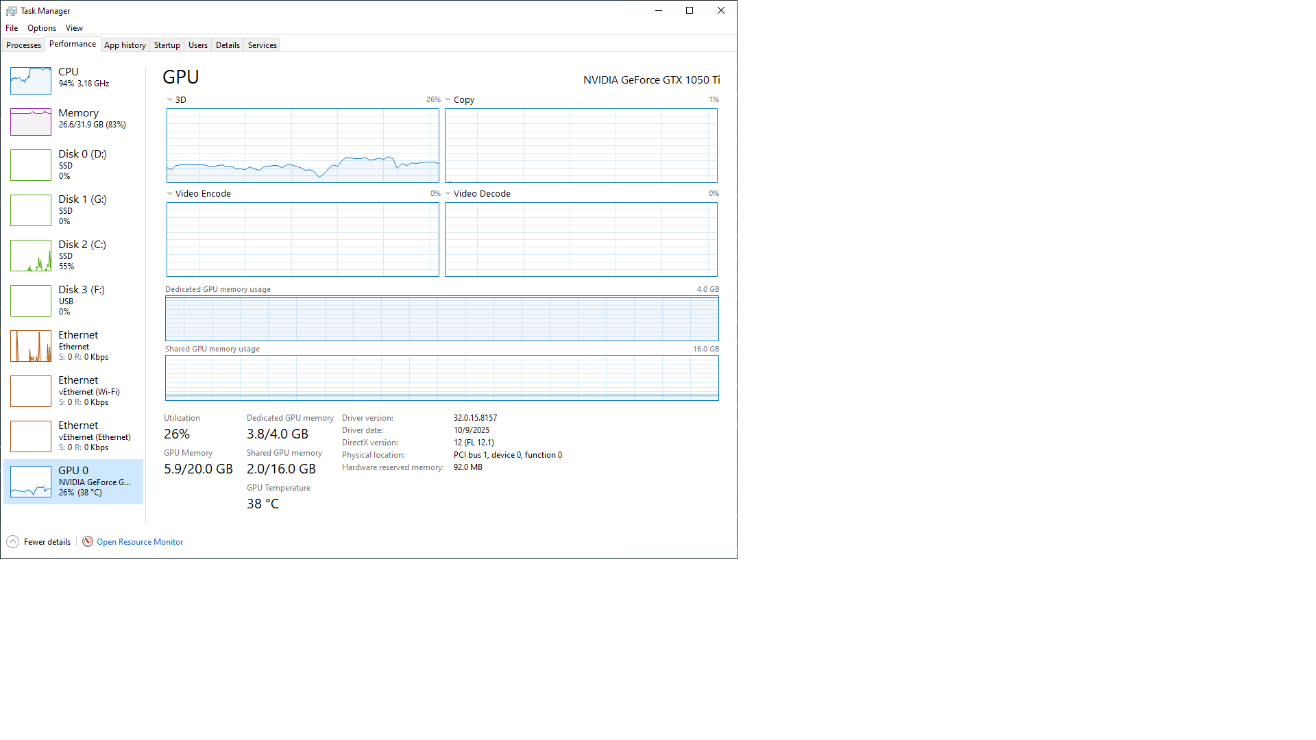Windows Task Manager GPU Performance Proof on GTX 1050 Ti